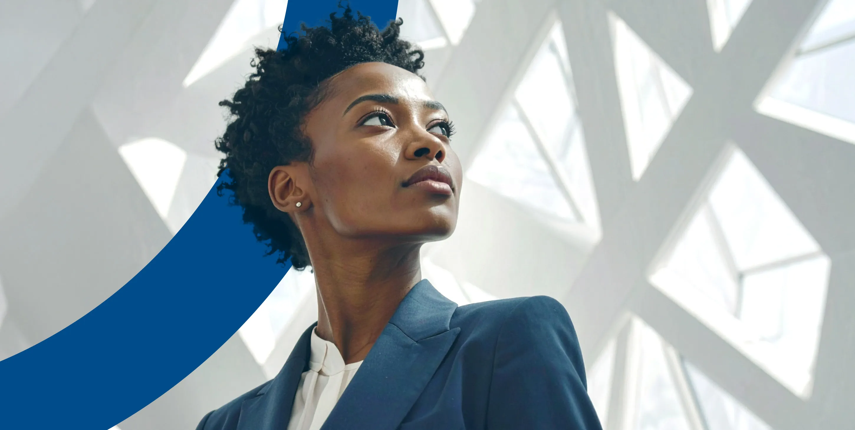 Women in blue suit and white shirt