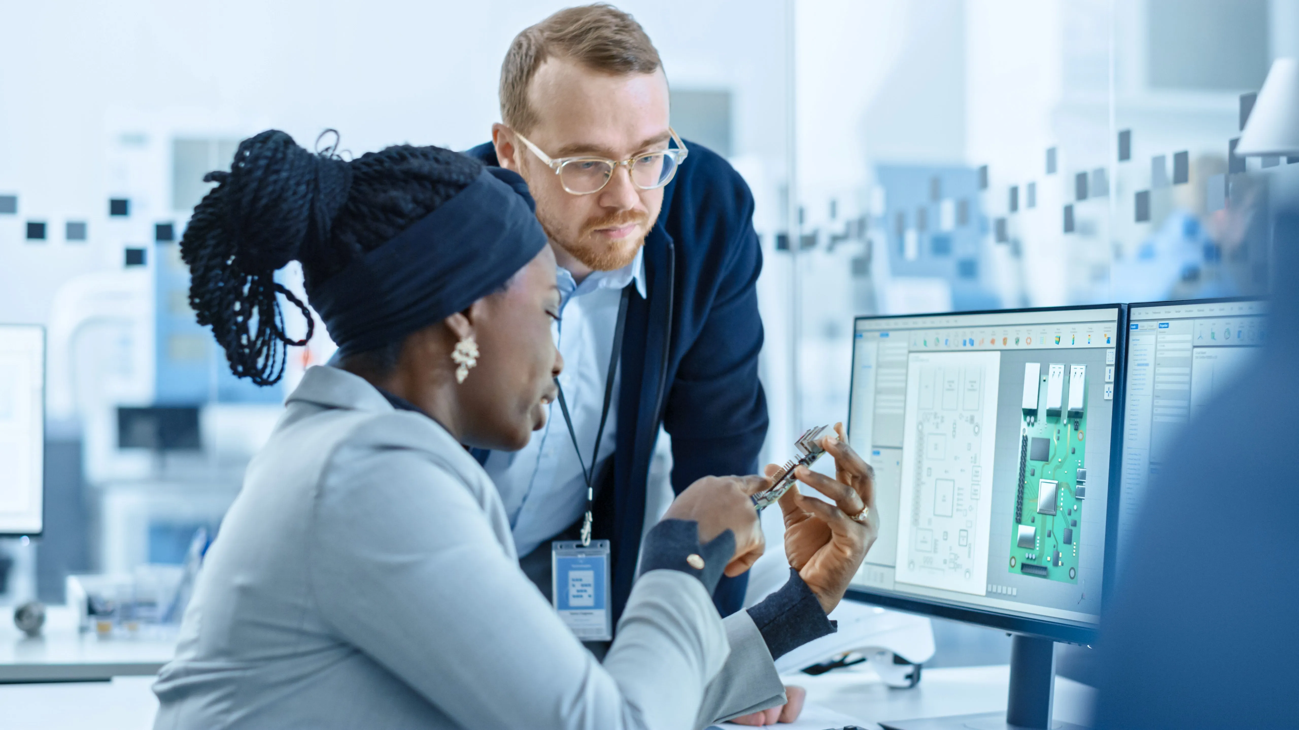 Female supervisor talks to a male electrical engineer who works on computer with cad software. Designing pcb, microchips, semiconductors and telecommunications equipment.